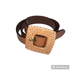 AMERICAN EAGLE Genuine Leather Belt Raffia Woven Square Buckle Like New Sz Large